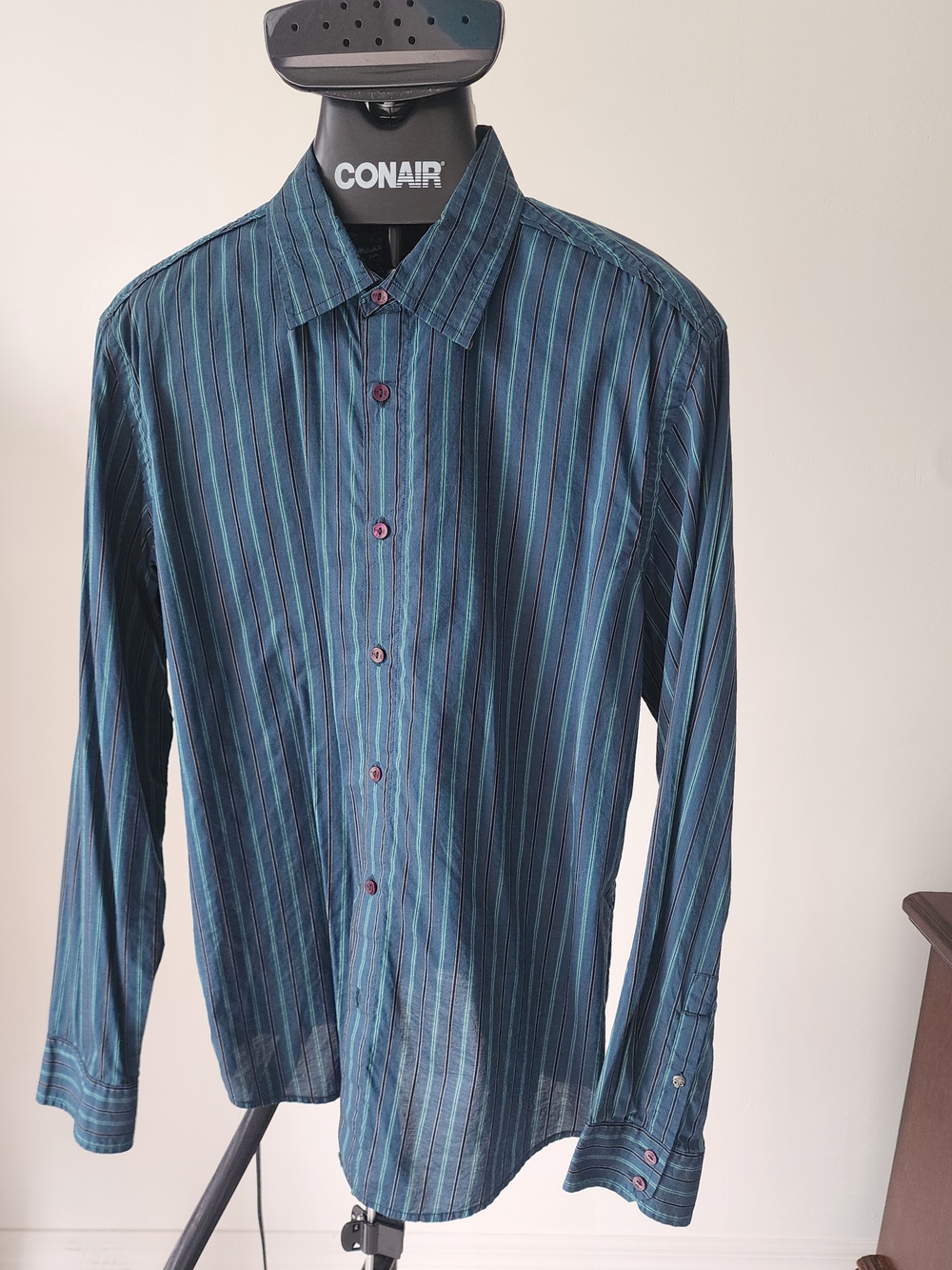 Men's Teal Striped Long-Sleeve Dress Shirt